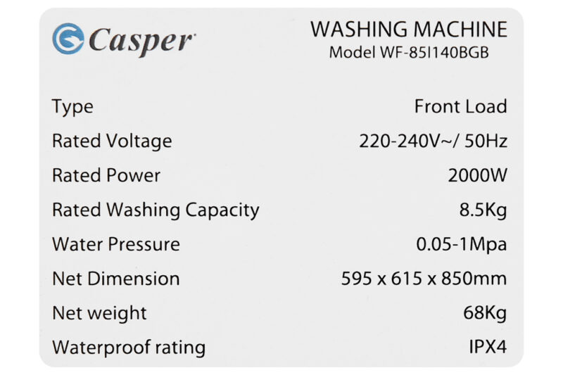 Máy giặt Casper Inverter 8.5 kg WF-85I140BGB - Image 9