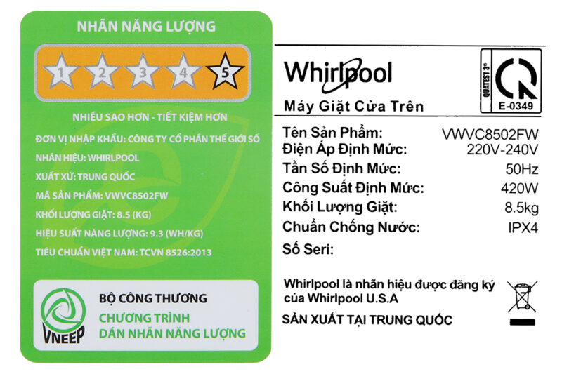 Máy giặt Whirlpool 8.5 kg VWVC8502FW - Image 11